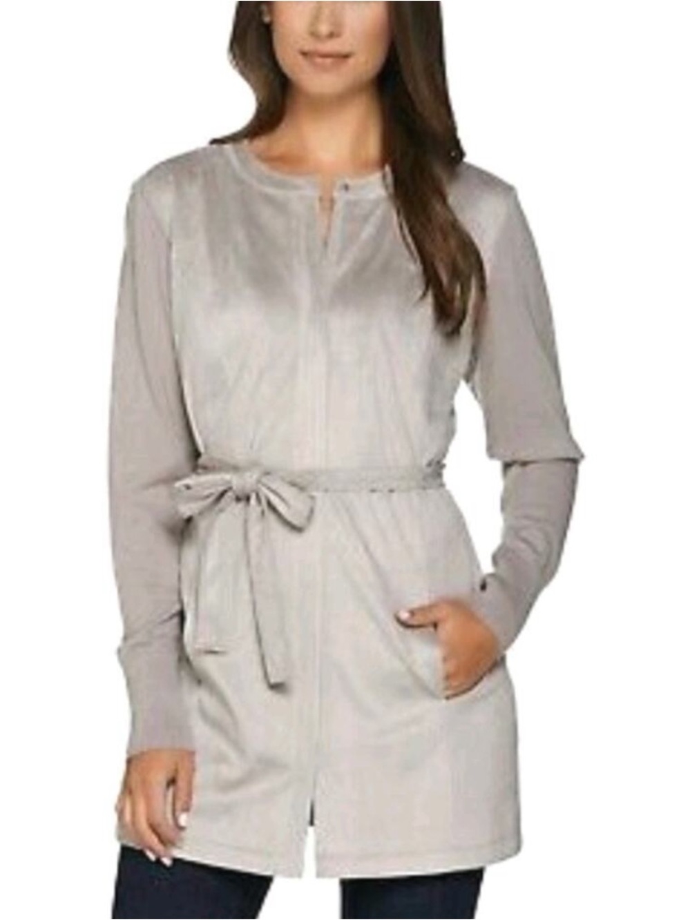 H by Halston Grey Chic Faux Suede Cardigan Jacket Knit Sleeves Tie Waist Size 10